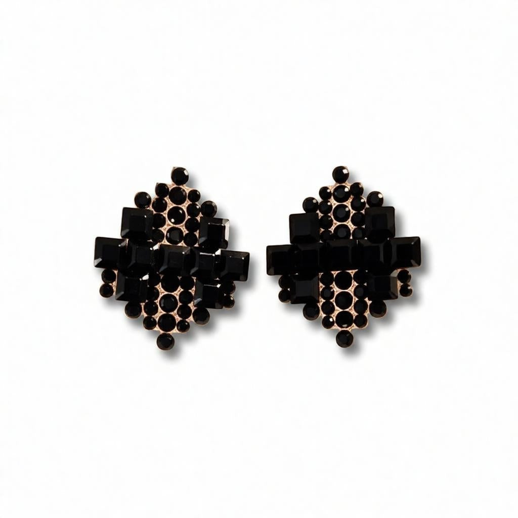 dazzle21 geometric stud earrings featuring black crystal stones in a layered pattern with a rose gold finish
