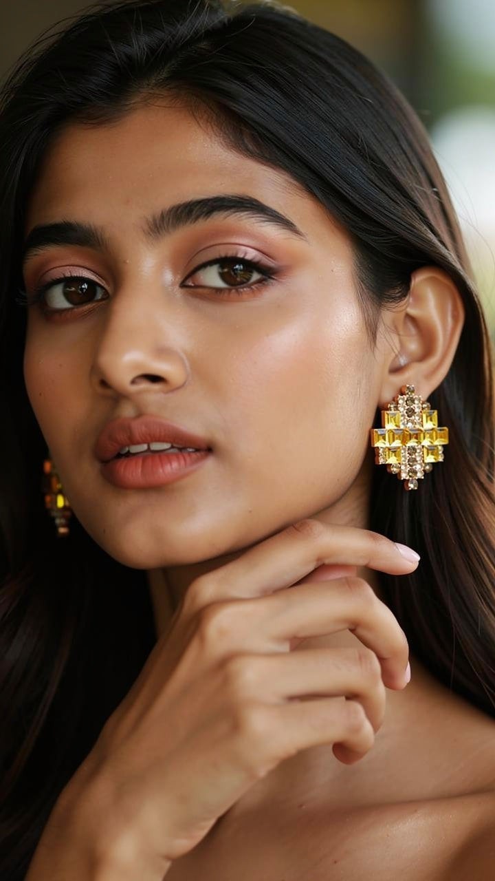 dazzle21 geometric crystal stud earrings in rose gold finish worn by a model for a festive look.