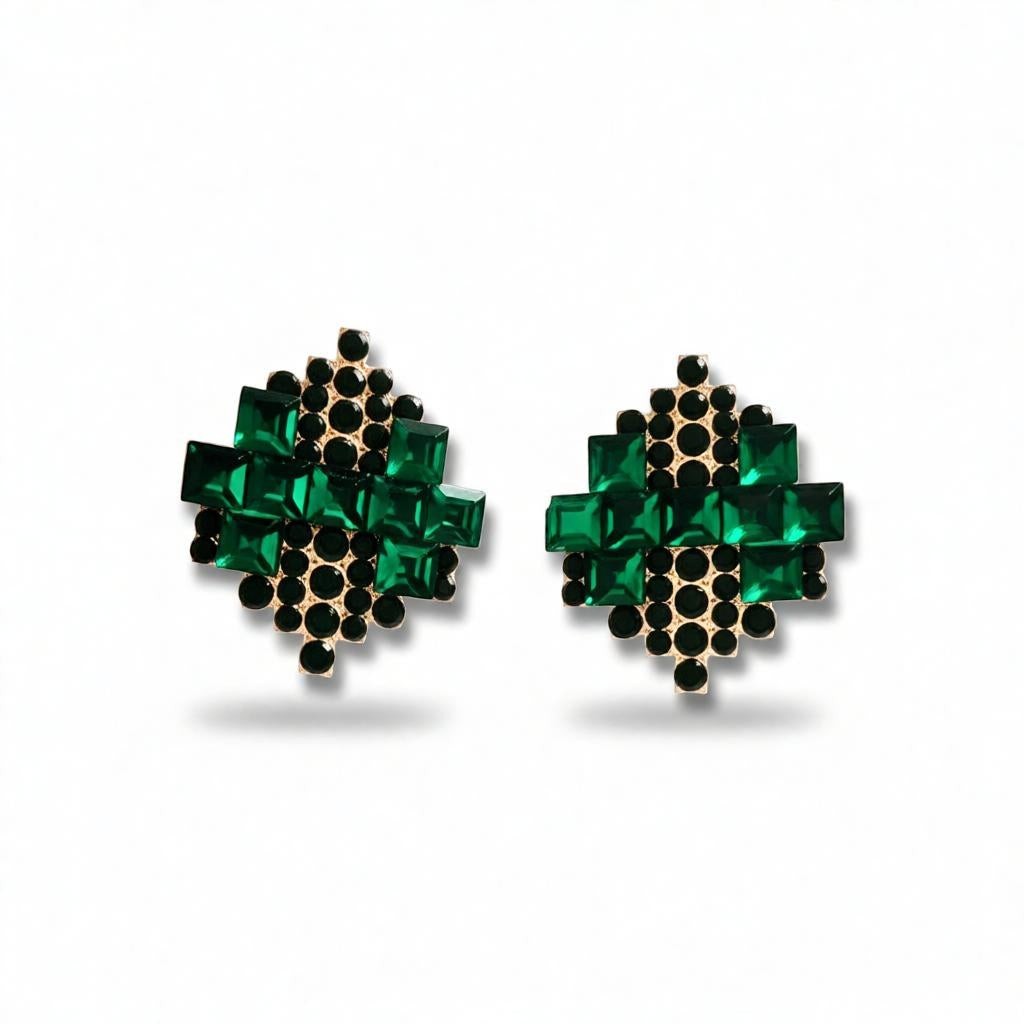 dazzle21 geometric stud earrings featuring layered green crystals and black stones in a rose gold plated setting.