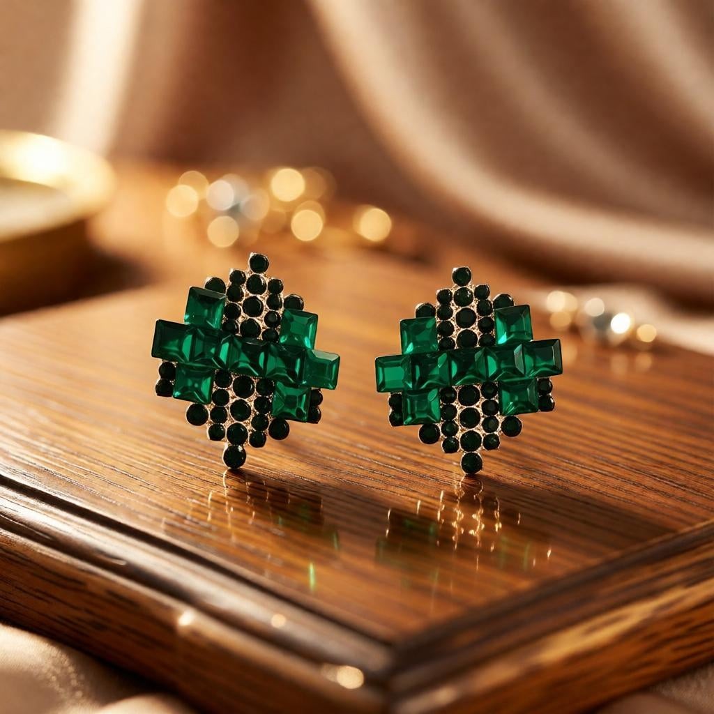 dazzle21 geometric stud earrings featuring layered green crystals and black stones on a rose gold finish base