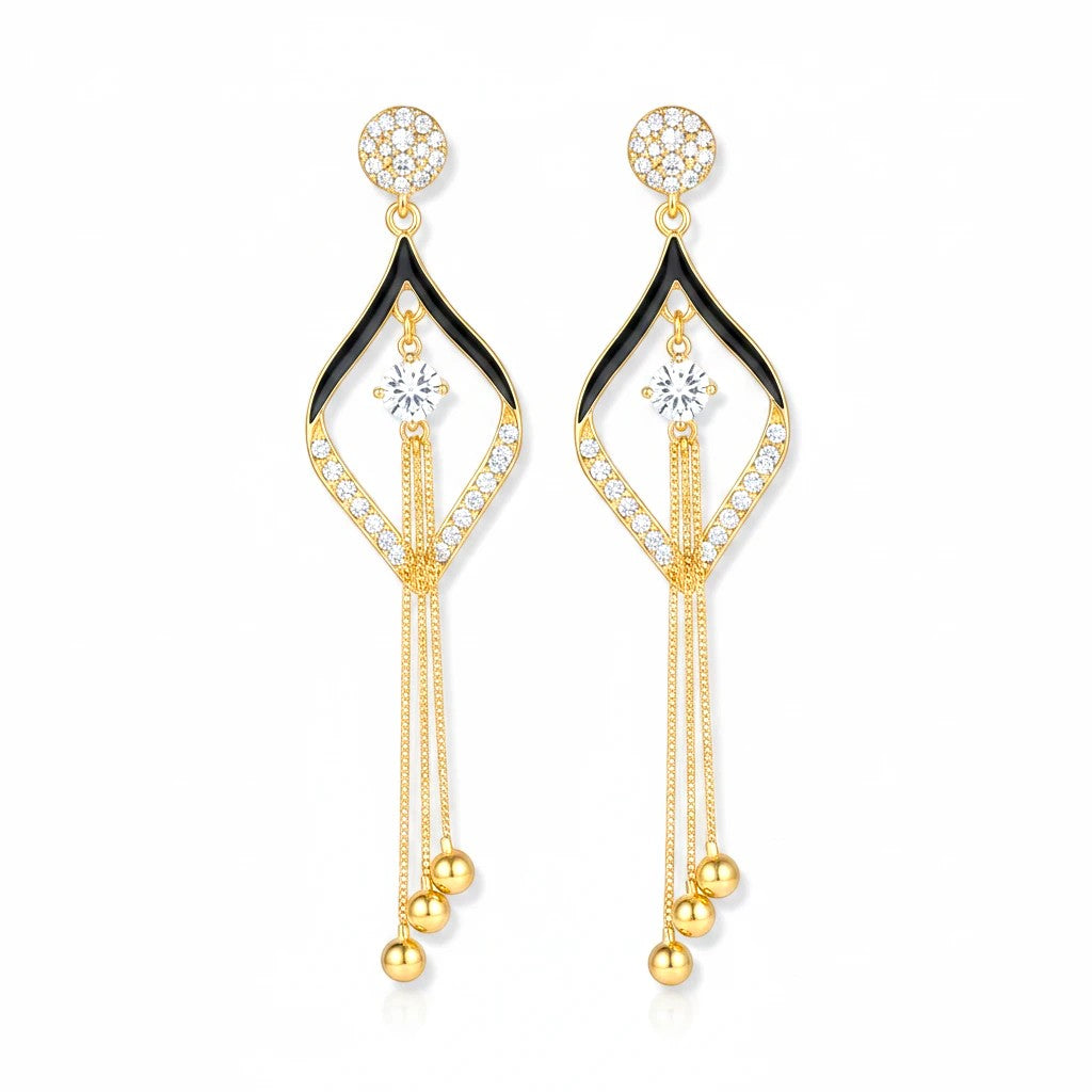 dazzle21 gold-plated drop earrings with black enamel, zircon crystals, and cascading tassel chains for formal wear