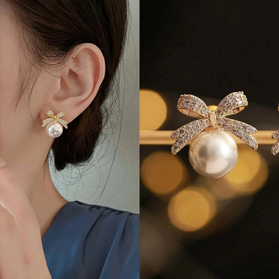 dazzle21 gold bow stud earrings featuring a white pearl and sparkling cubic zirconia crystals worn on an ear