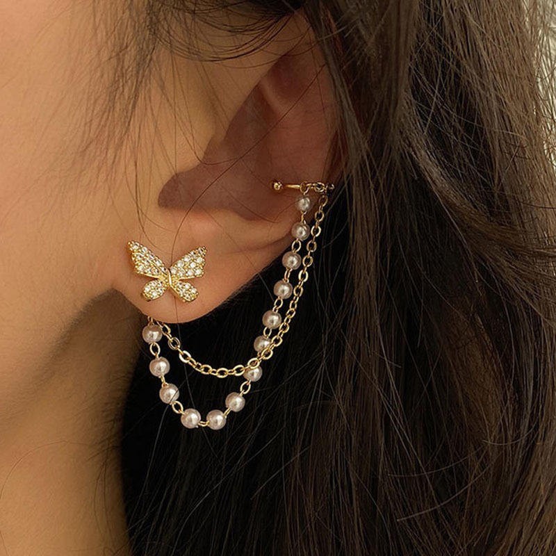 dazzle21 gold-tone butterfly stud earring with crystal stones and a double chain ear cuff featuring white beads