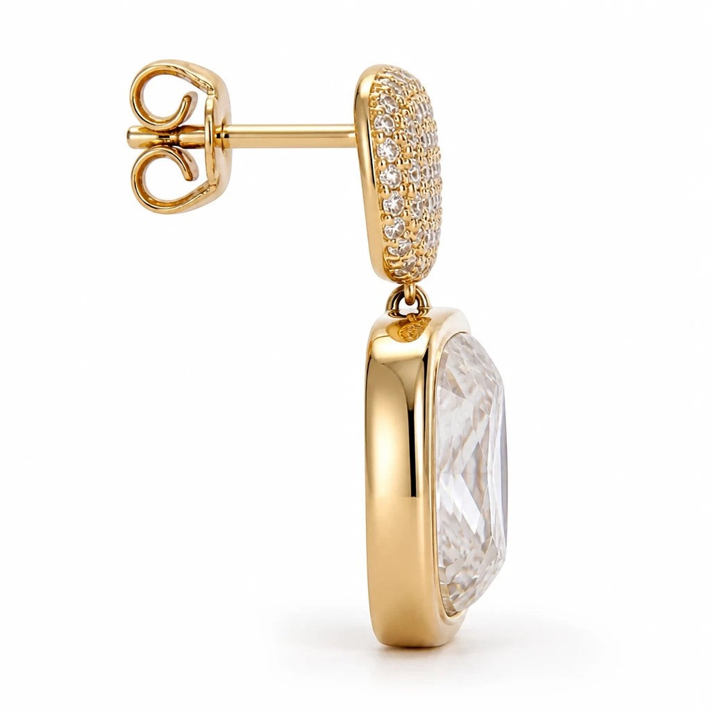 dazzle21 gold-tone drop earring with a square-cut crystal and pavé-encrusted stud for elegant party wear