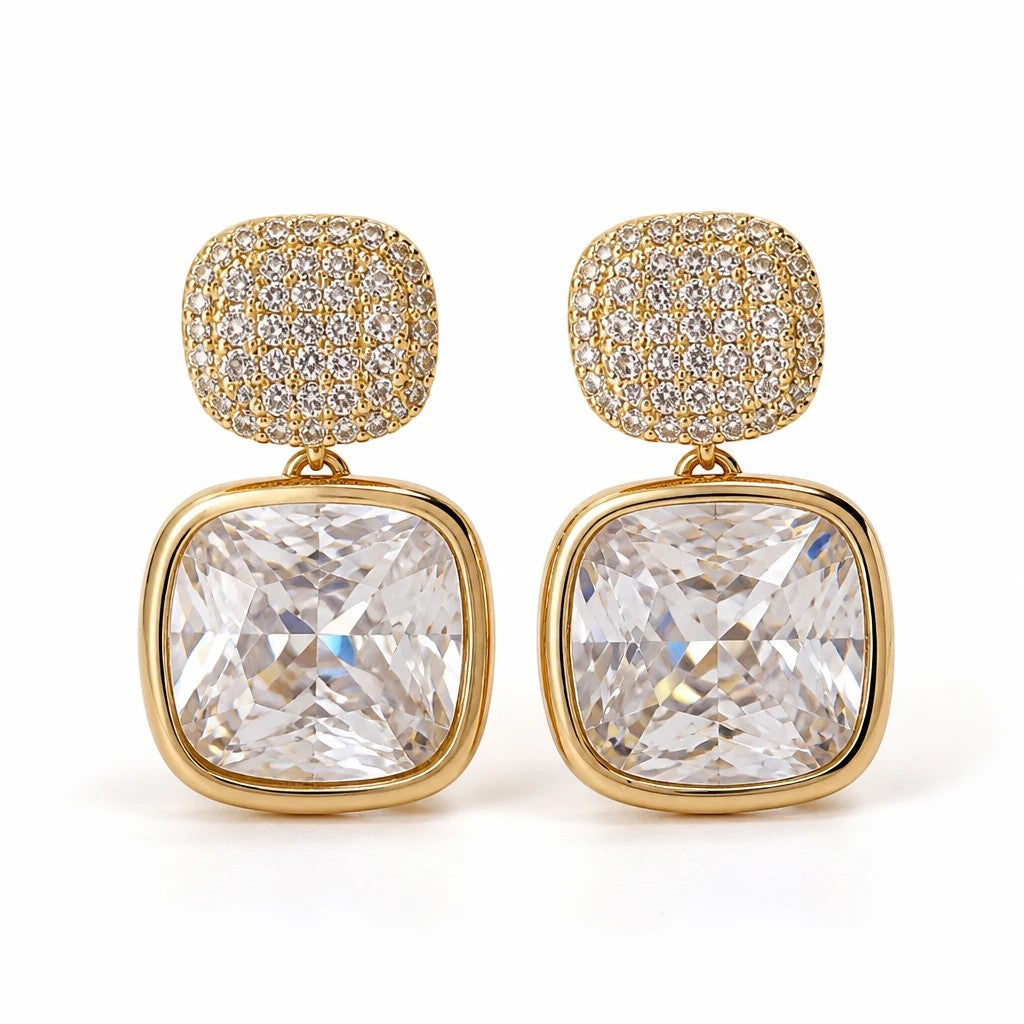 dazzle21 gold-tone drop earrings featuring square-cut cubic zirconia crystals and pavé-encrusted studs for party wear