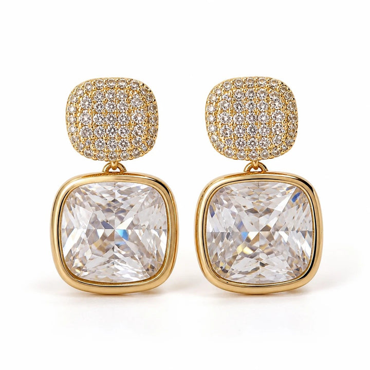 dazzle21 gold-tone drop earrings featuring square-cut cubic zirconia crystals and pavé-encrusted studs for party wear