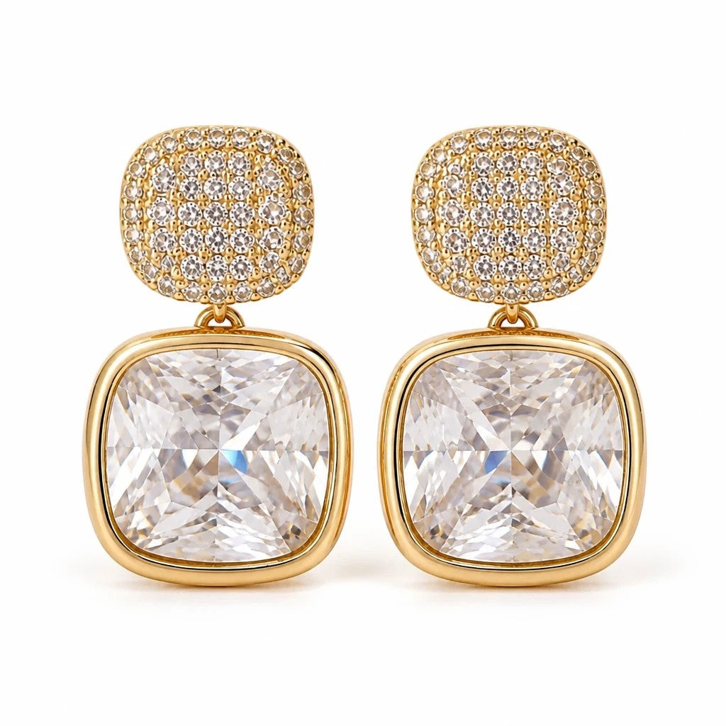 dazzle21 gold-tone drop earrings featuring square-cut cubic zirconia crystals and pavé-encrusted studs for party wear