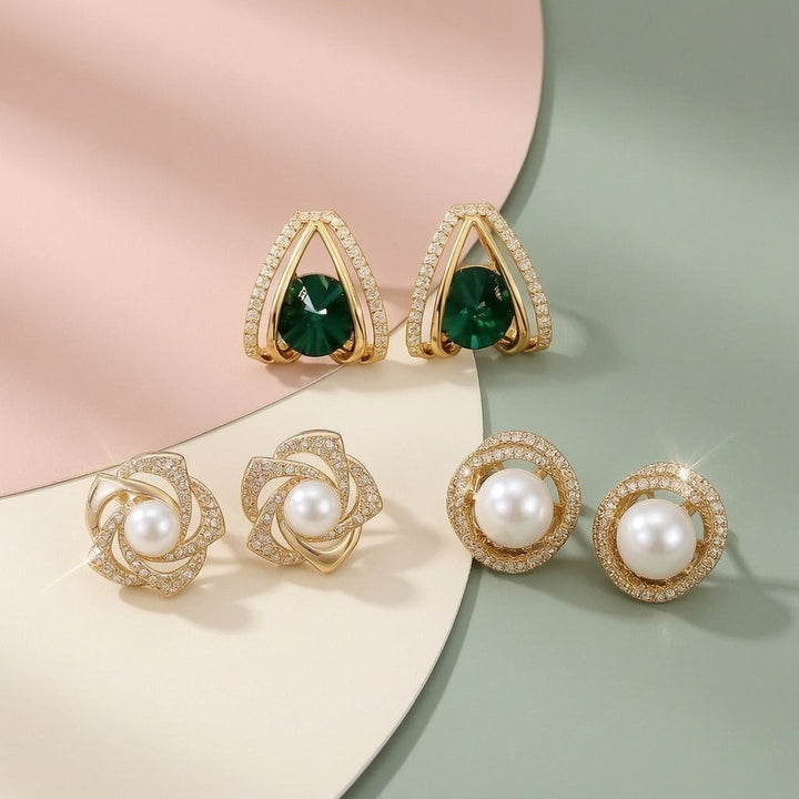 dazzle21 set of three gold-tone stud earrings featuring green crystal, white pearl, and rhinestone accents