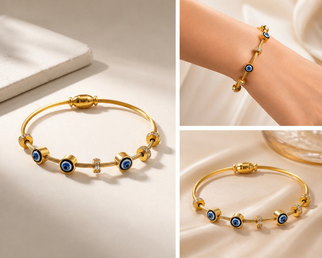 dazzle21 gold-tone evil eye bracelet with blue nazar charms and sparkling crystal accents on a cable wire band
