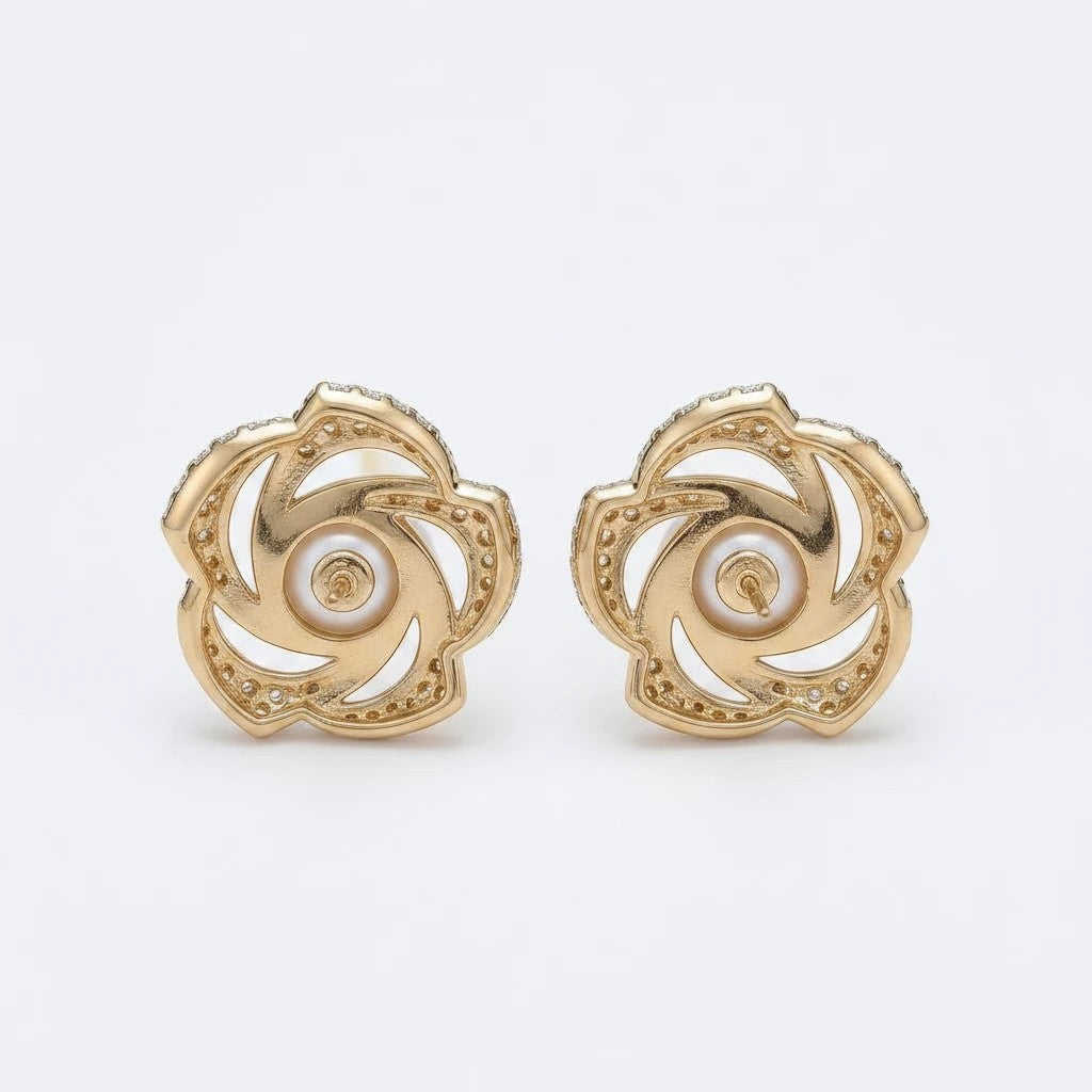 dazzle21 gold-tone floral stud earrings with central pearl and rhinestone accents for women