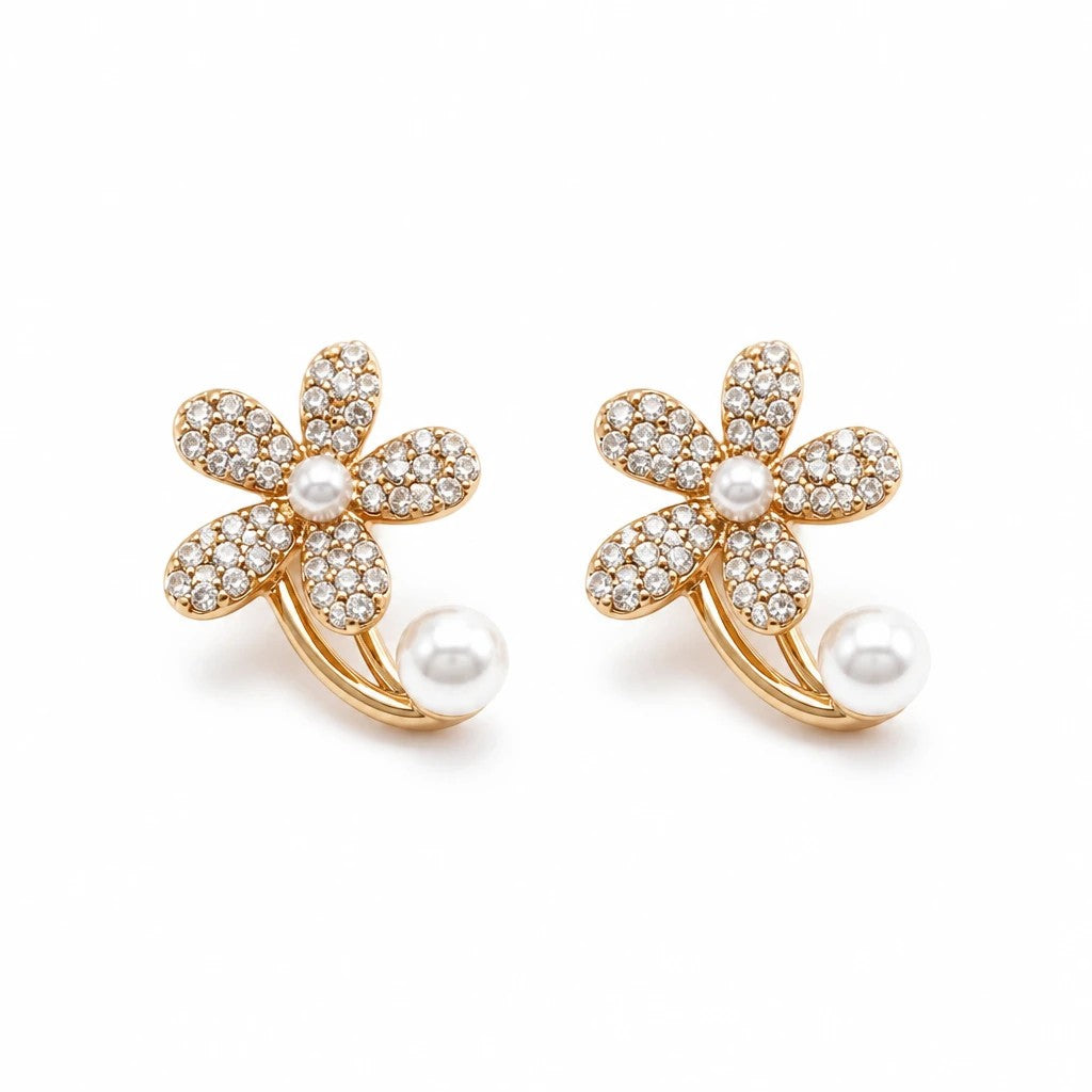 dazzle21 gold-tone floral stud earrings with lustrous faux pearls and shimmering cubic zirconia accents