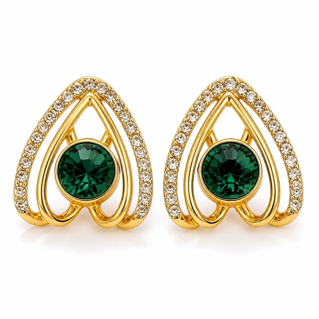 dazzle21 gold-toned heart-shaped stud earrings with a central green crystal and clear rhinestone accents