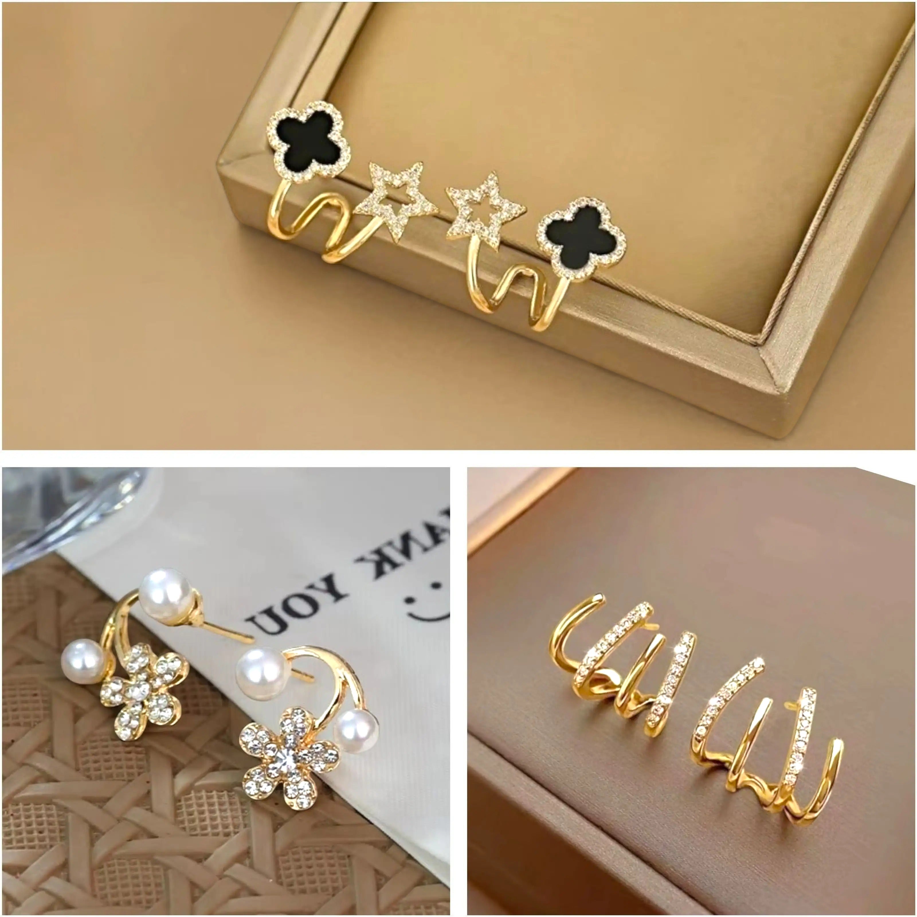 dazzle21 set of three Korean-style gold-tone earrings featuring black clover, star, pearl, and crystal stud designs.