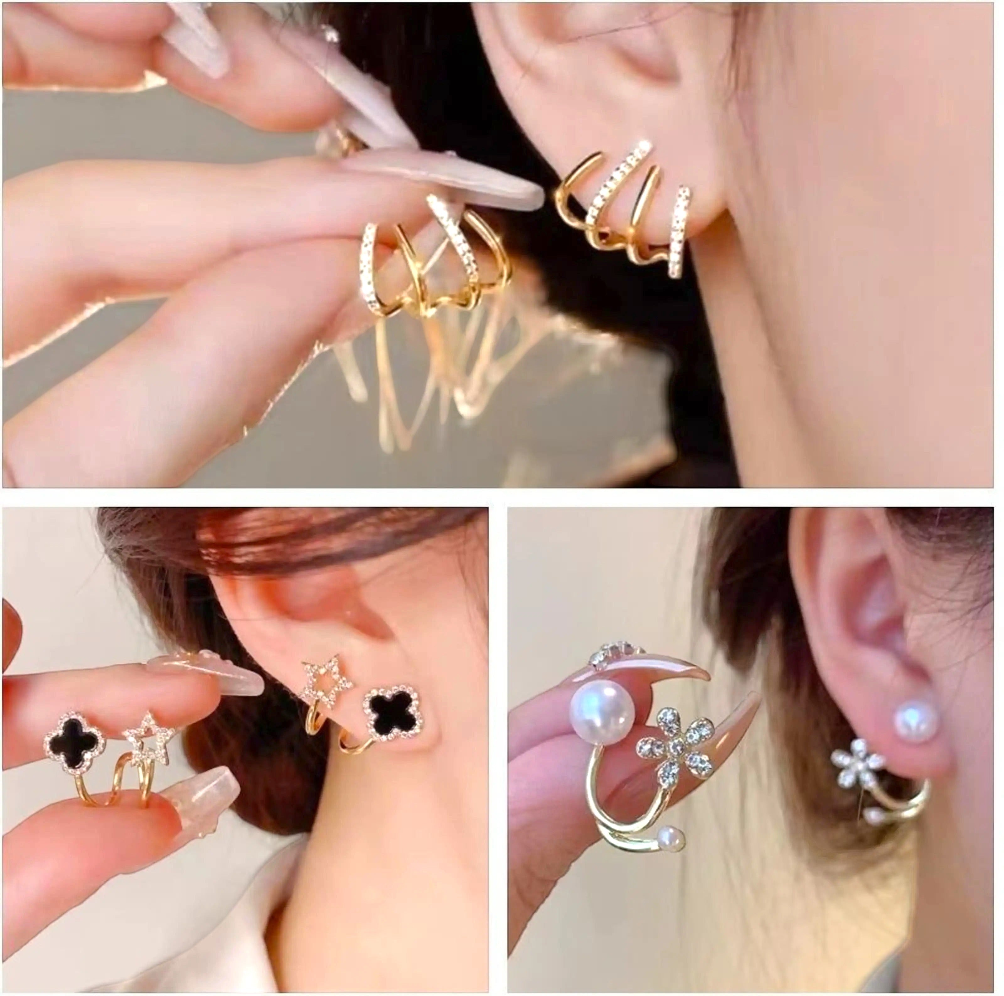 dazzle21 set of three gold-tone Korean style earrings featuring crystal, pearl, and black clover stud designs