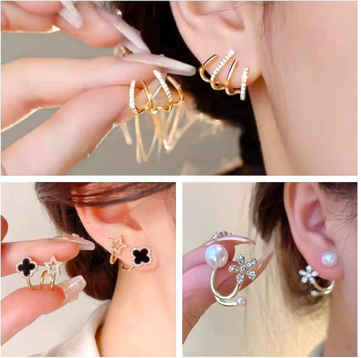 dazzle21 set of three gold-tone Korean style earrings featuring crystal, pearl, and black clover stud designs