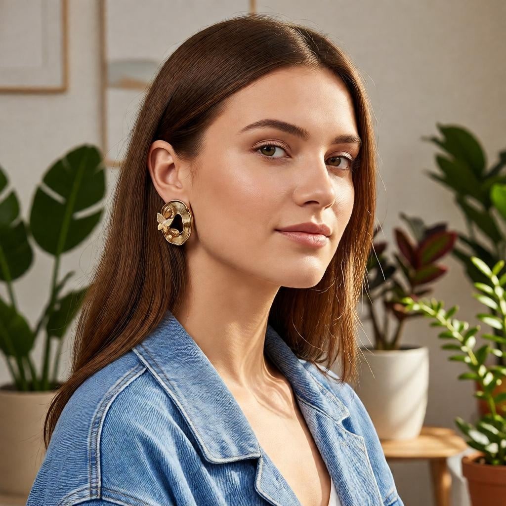 dazzle21 gold-tone oval stud earrings with iridescent butterfly accents worn by a woman in a denim jacket