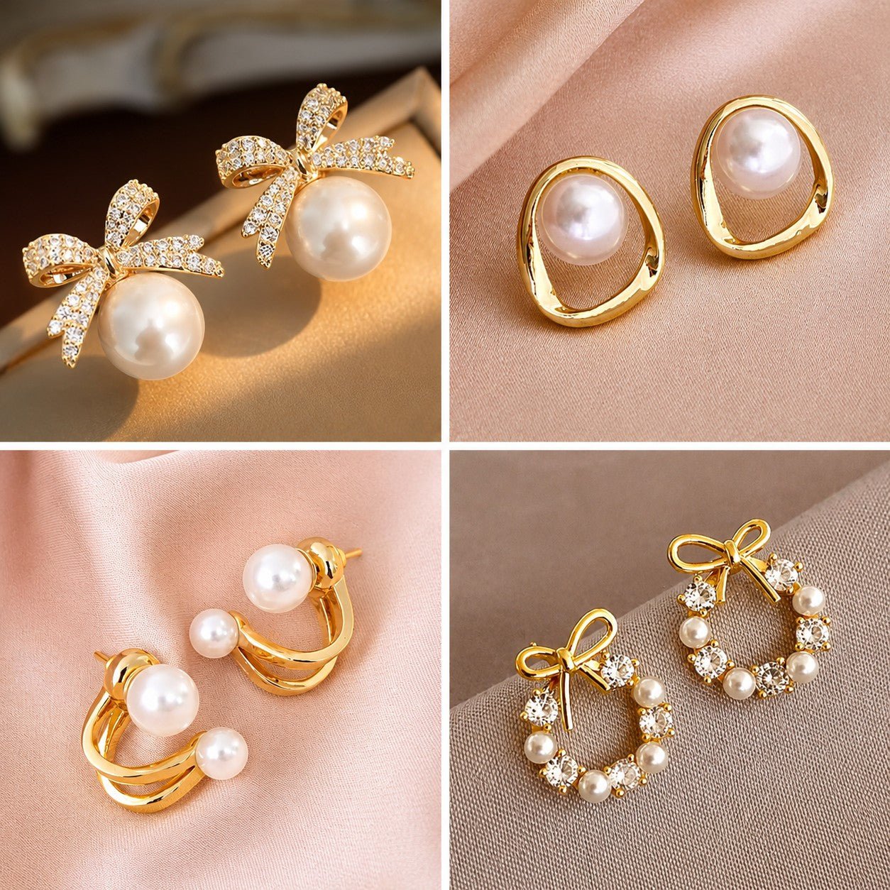 dazzle21 set of four gold-tone stud earrings featuring pearl, rhinestone, and bow designs for women and girls.