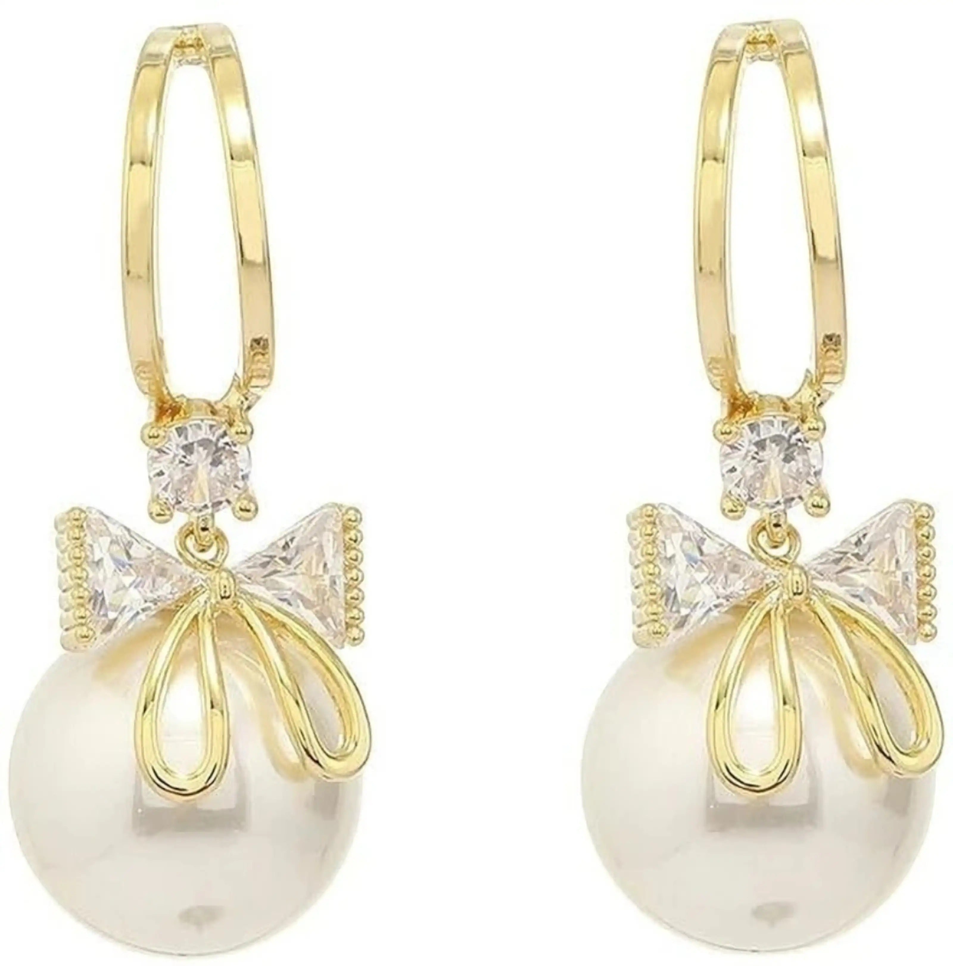 dazzle21 gold-tone alloy hoop earrings featuring a sparkling zircon crystal bow and a dangling white pearl drop