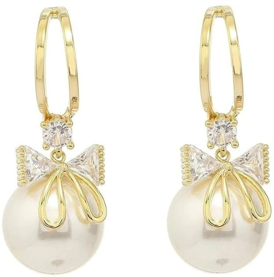 dazzle21 gold-tone alloy hoop earrings featuring a sparkling zircon crystal bow and a dangling white pearl drop