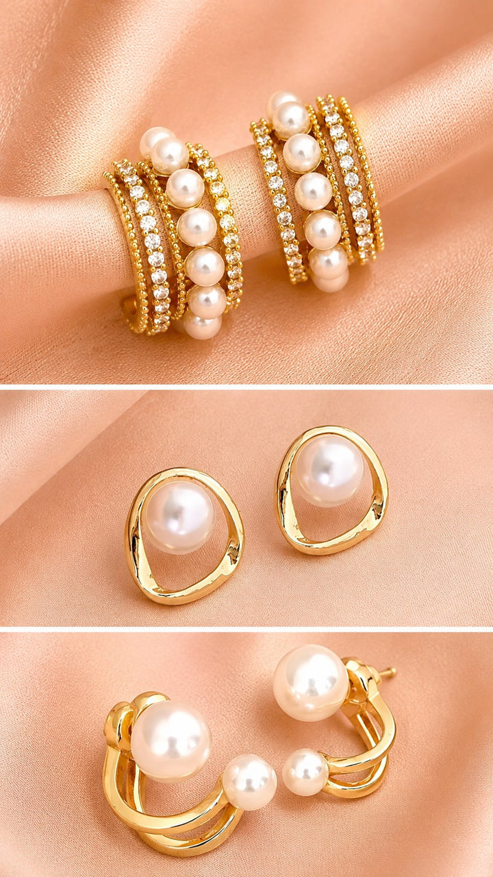 dazzle21 set of three gold-toned Korean style earrings featuring pearl studs, crystal hoops, and modern open designs.