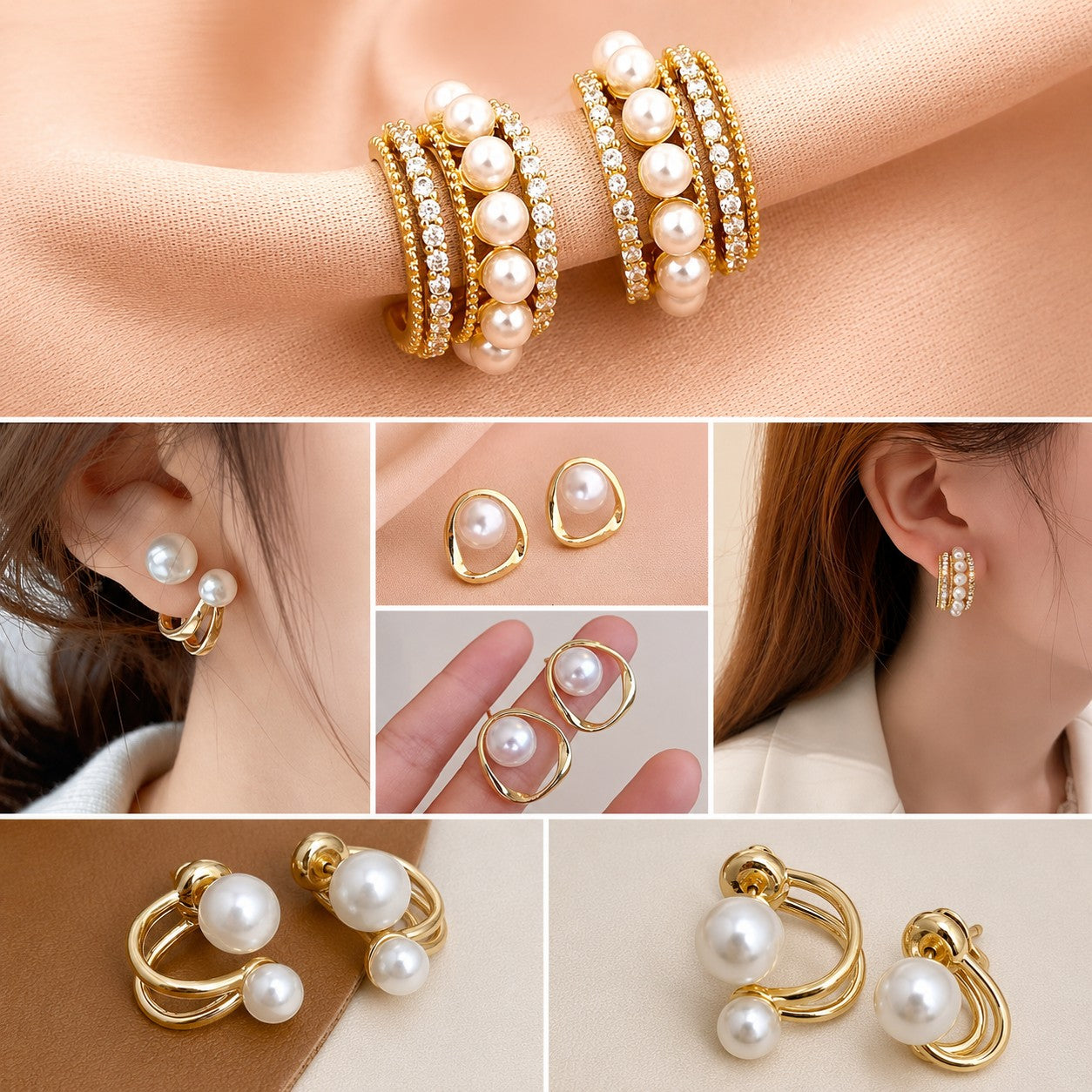 dazzle21 set of gold-toned Korean style pearl and crystal hoop and stud earrings for women