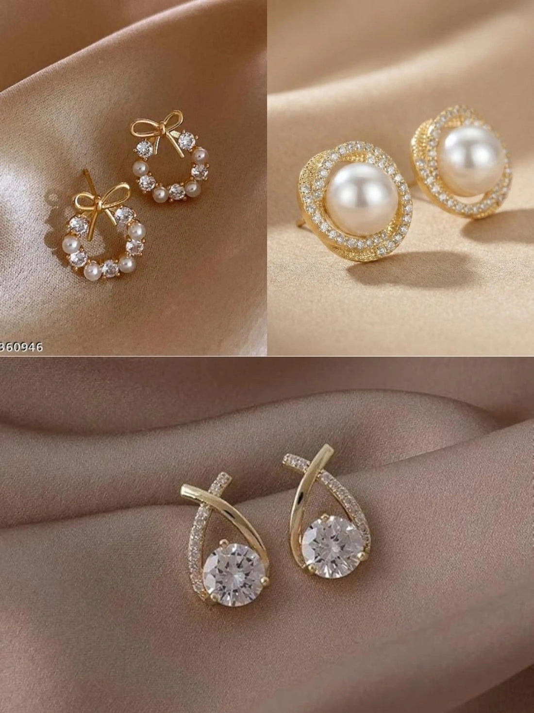 dazzle21 Korean style gold-tone earring set featuring pearl and crystal bow, halo, and teardrop stud designs.