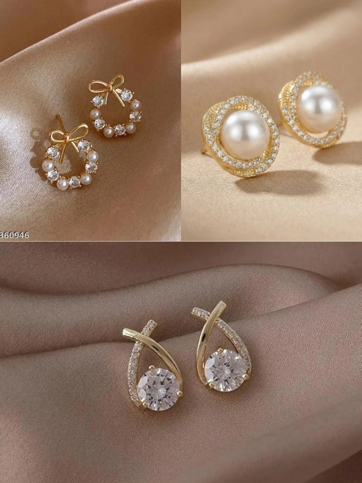dazzle21 Korean style gold-tone earring set featuring pearl and crystal bow, halo, and teardrop stud designs.