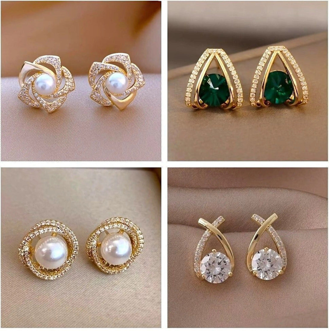 dazzle21 set of four gold-tone stud earrings featuring pearls, emerald green crystals, and sparkling cubic zirconia.