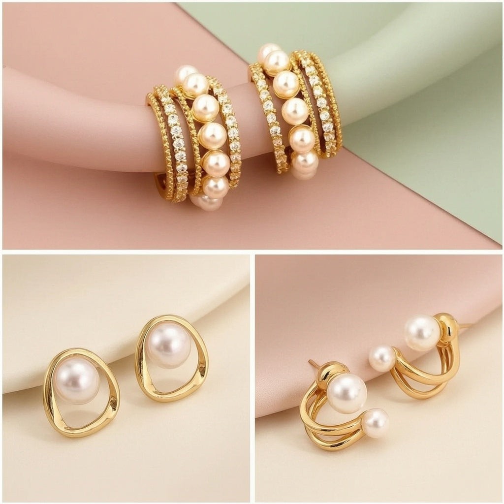 dazzle21 set of three Korean style gold-tone earrings featuring pearl studs, crystal hoops, and minimalist designs.