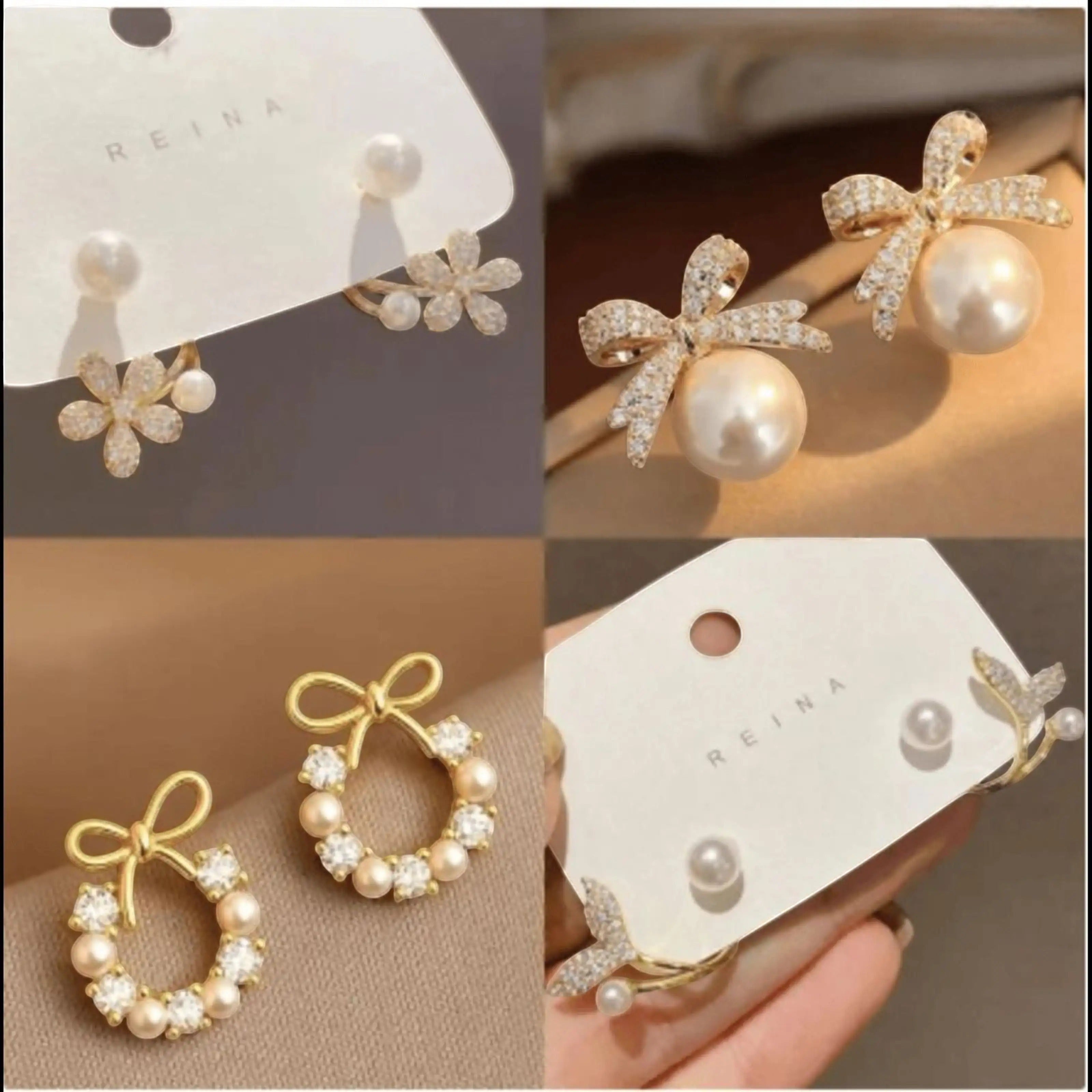 dazzle21 gold plated earring set featuring pearl, floral, and bow designs with cubic zirconia accents for women