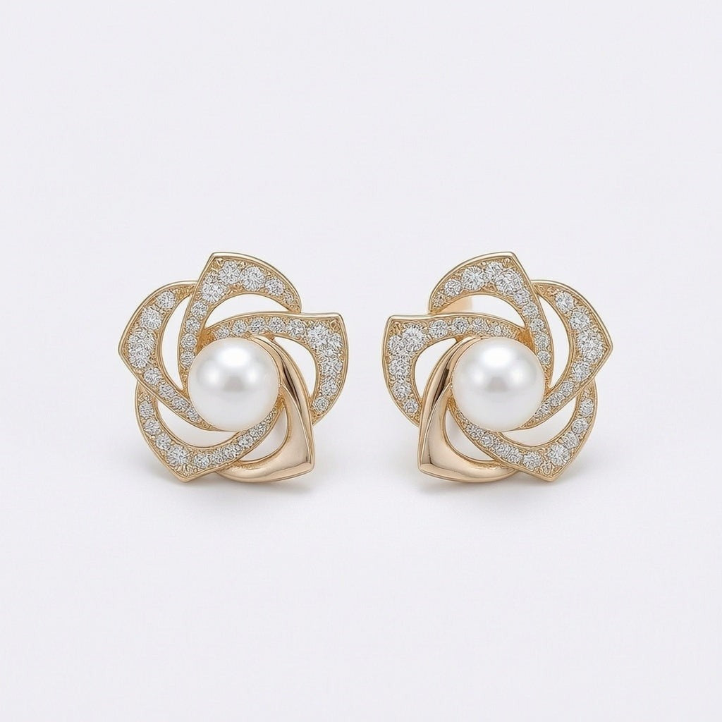 dazzle21 gold flower-shaped stud earrings featuring a central pearl surrounded by sparkling cubic zirconia stones.