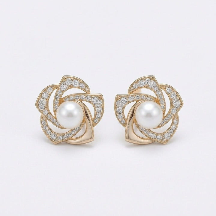 dazzle21 gold flower-shaped stud earrings featuring a central pearl surrounded by sparkling cubic zirconia stones.