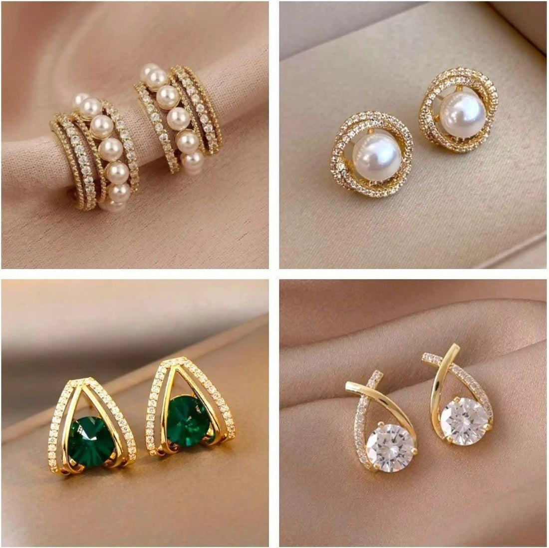 dazzle21 set of four gold-tone stud earrings featuring pearls, cubic zirconia, and green stones in elegant designs