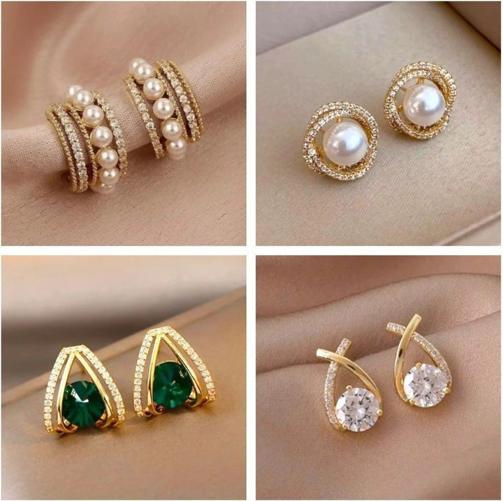 dazzle21 set of four gold-tone stud earrings featuring pearls, cubic zirconia, and green stones in elegant designs