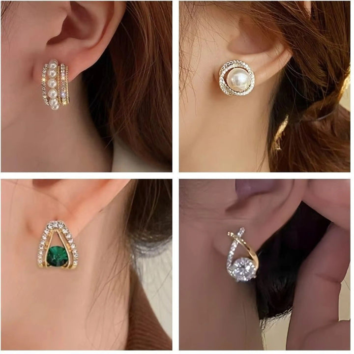 dazzle21 set of four gold-tone stud earrings featuring pearls, cubic zirconia, and green stone accents on alloy