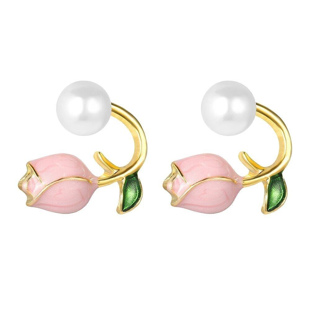 dazzle21 gold-tone tulip ear cuff earrings featuring pink floral buds, green leaves, and luminous faux pearls.