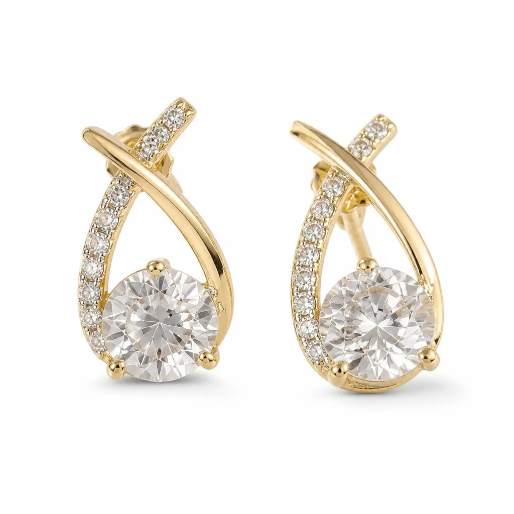 dazzle21 gold-tone crossover stud earrings featuring shimmering rhinestones and a central round crystal drop