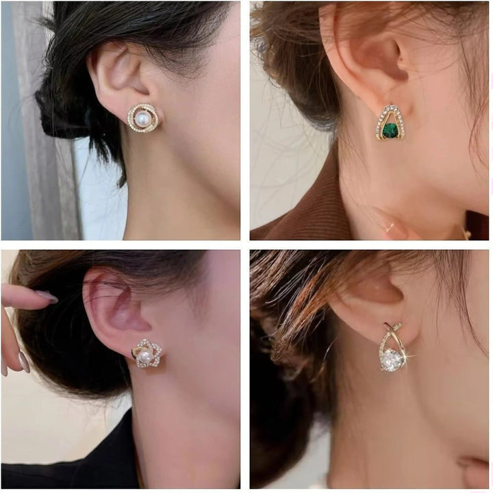 dazzle21 set of four gold-toned stud earrings featuring pearls, green crystals, and sparkling cubic zirconia stones.
