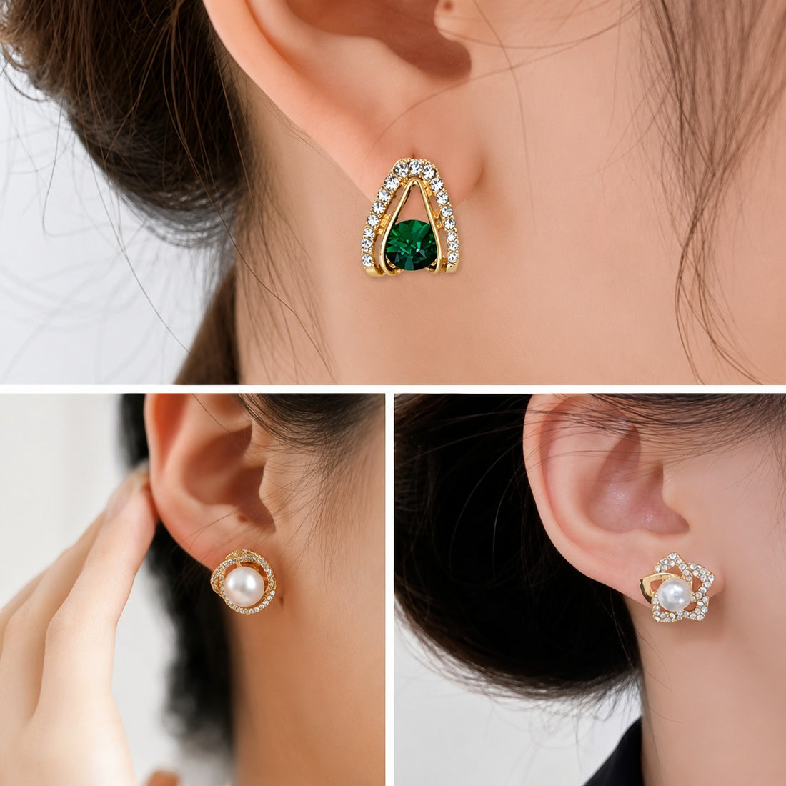 dazzle21 set of three gold-tone stud earrings featuring green crystal, pearl, and rhinestone accents on a model
