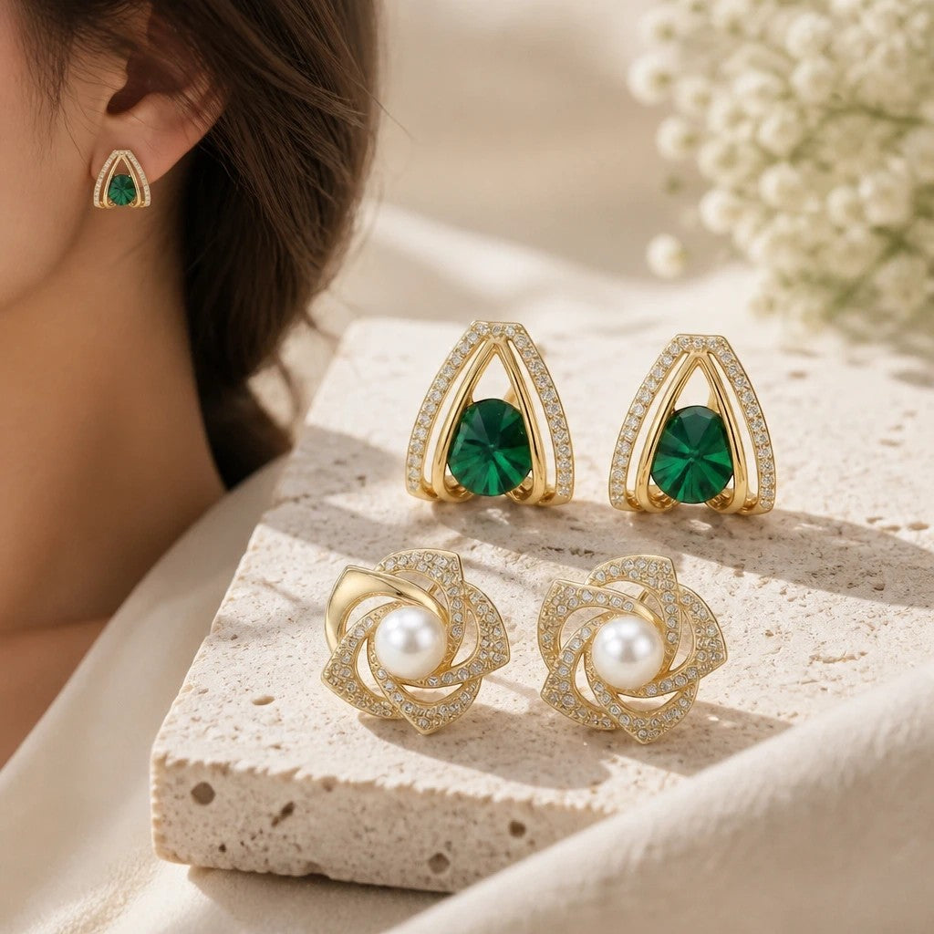 dazzle21 gold-tone stud earring set with green faceted stones and floral pearl designs featuring pavé crystal accents