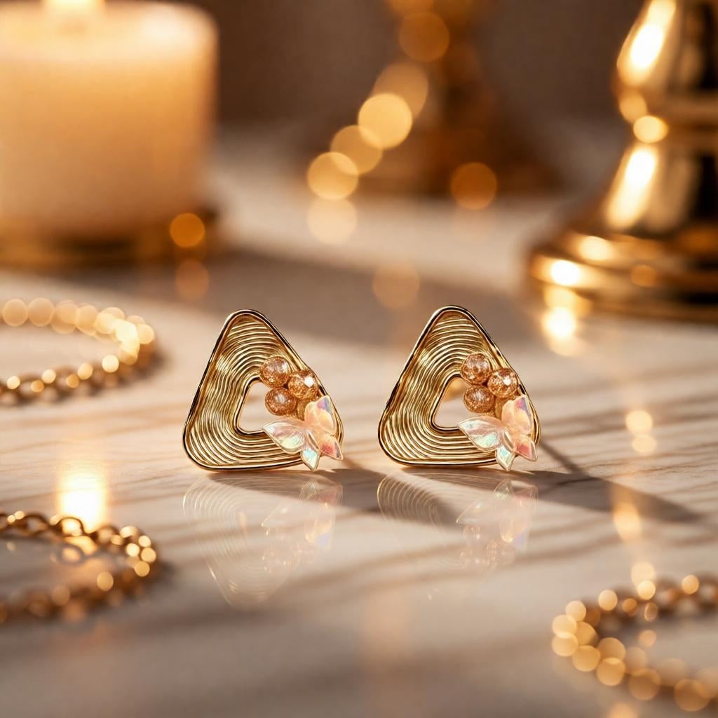dazzle21 gold geometric triangle stud earrings with peach pearls and iridescent butterfly accents on marble surface