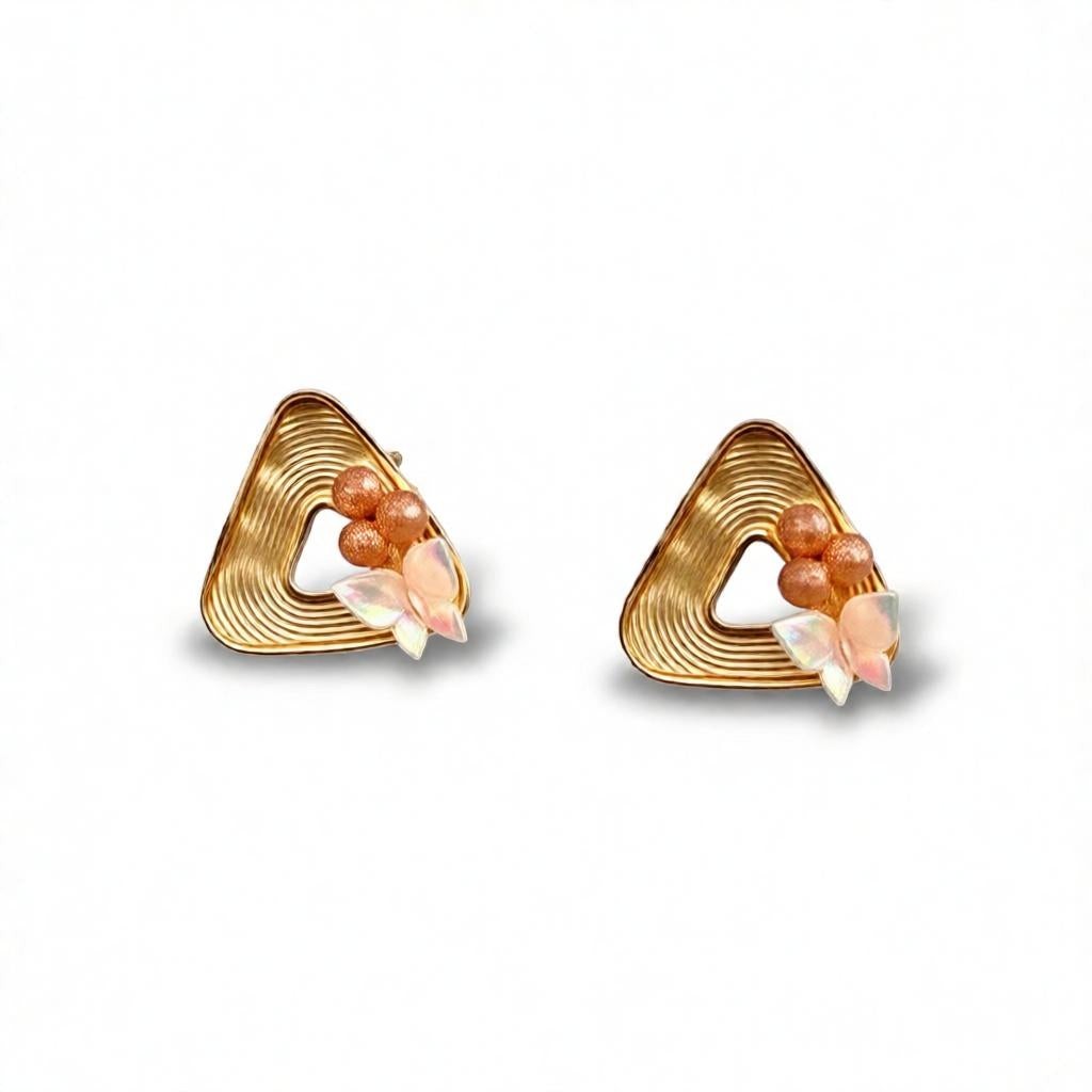 dazzle21 geometric triangle stud earrings in gold finish with peach pearls and iridescent butterfly petal accents