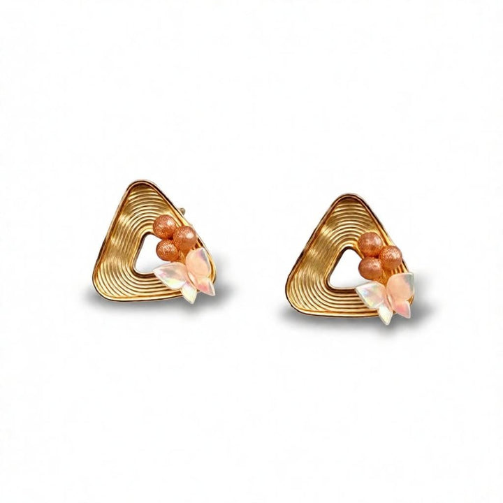 dazzle21 geometric triangle stud earrings in gold finish with peach pearls and iridescent butterfly petal accents