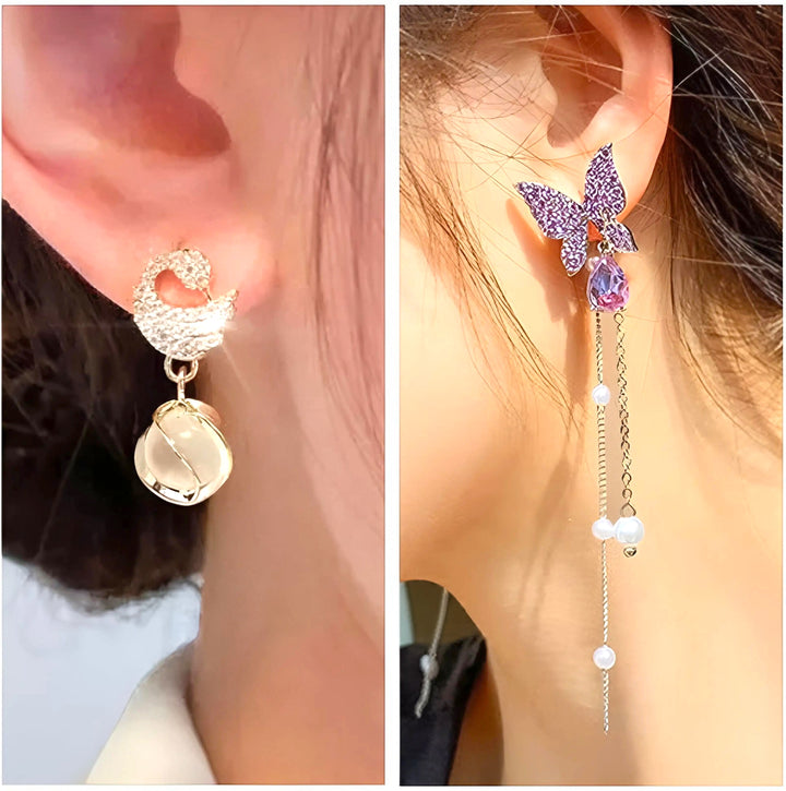 dazzle21 combo of two golden earrings featuring a crystal swan stud and a purple butterfly drop with pearl chains
