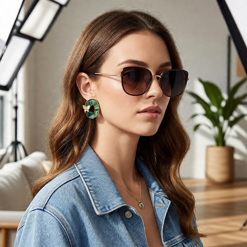 dazzle21 model wearing green iridescent oval butterfly stud earrings and brown gradient sunglasses with a denim jacket