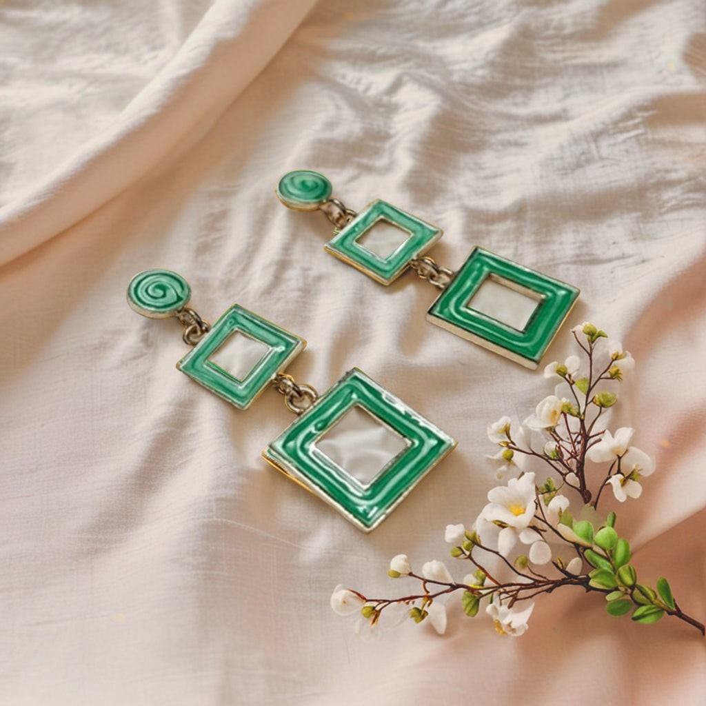 dazzle21 green geometric square drop earrings with a chic double-square pattern on a soft fabric background