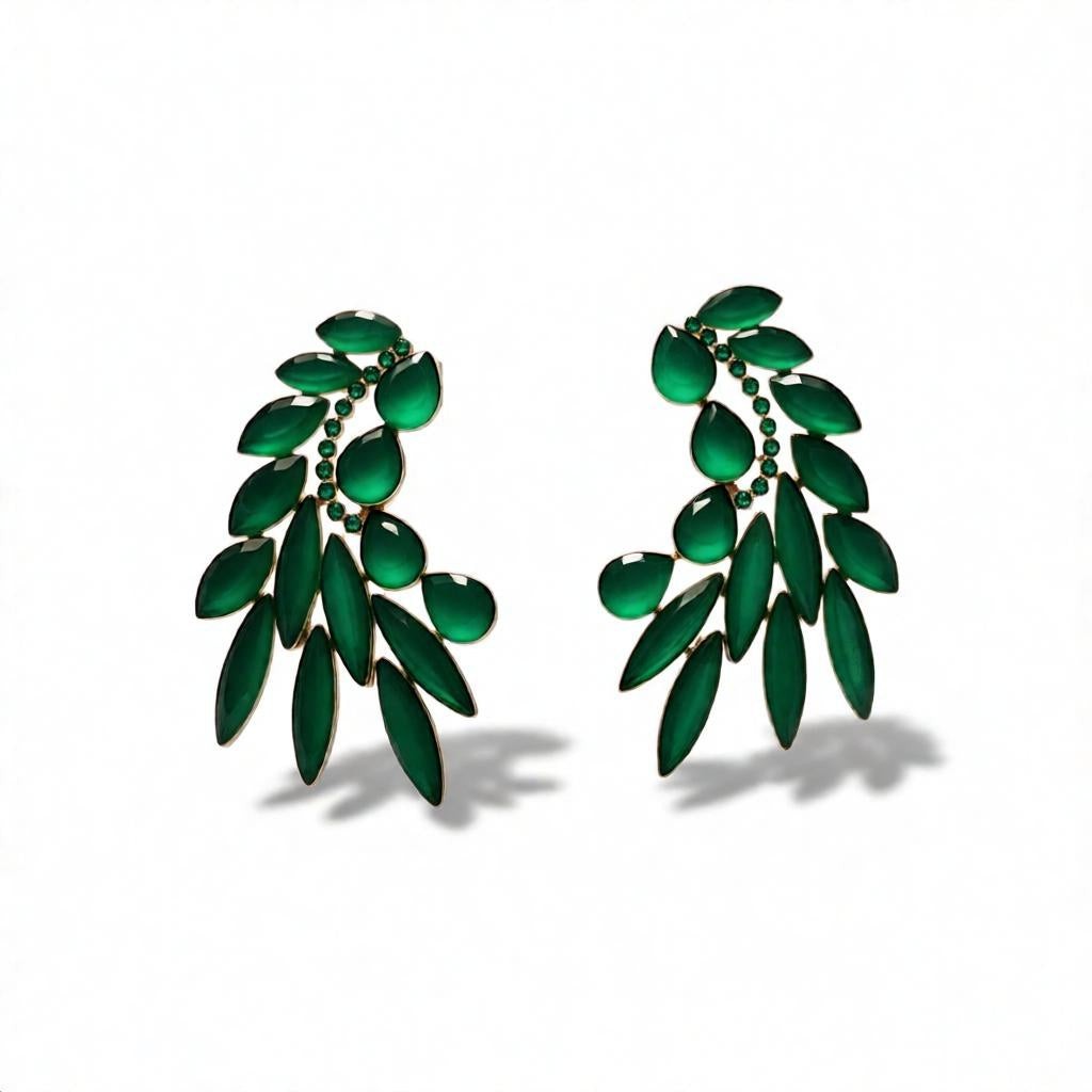 dazzle21 elegant golden leaf design stud earrings featuring vibrant green marquise-cut crystal stones