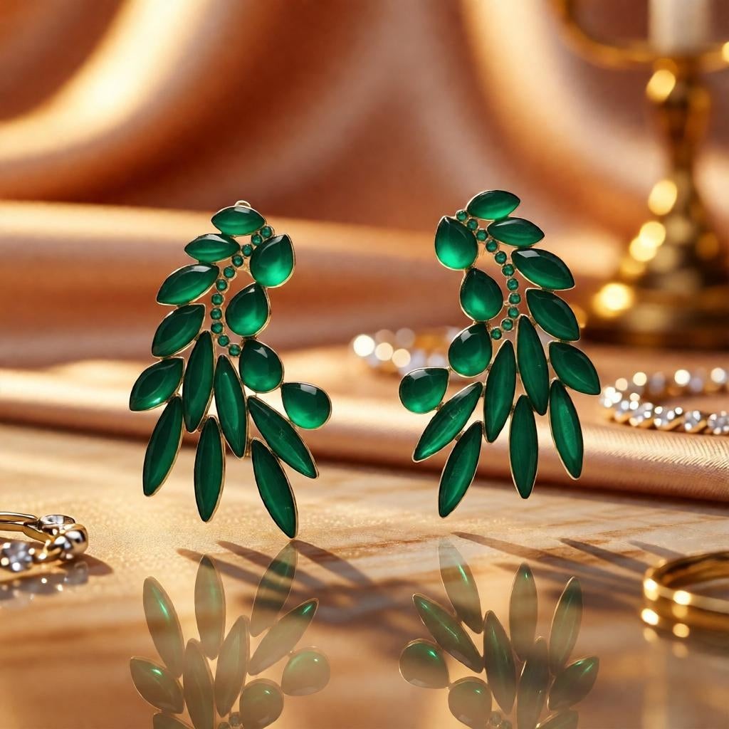 dazzle21 golden leaf stud earrings featuring vibrant green teardrop stones and crystal accents on a reflective surface