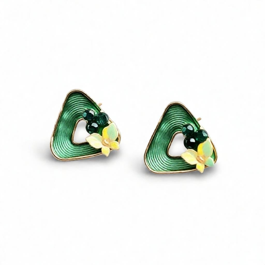 dazzle21 green ribbed triangle stud earrings with butterfly and dark bead accents in a gold finish