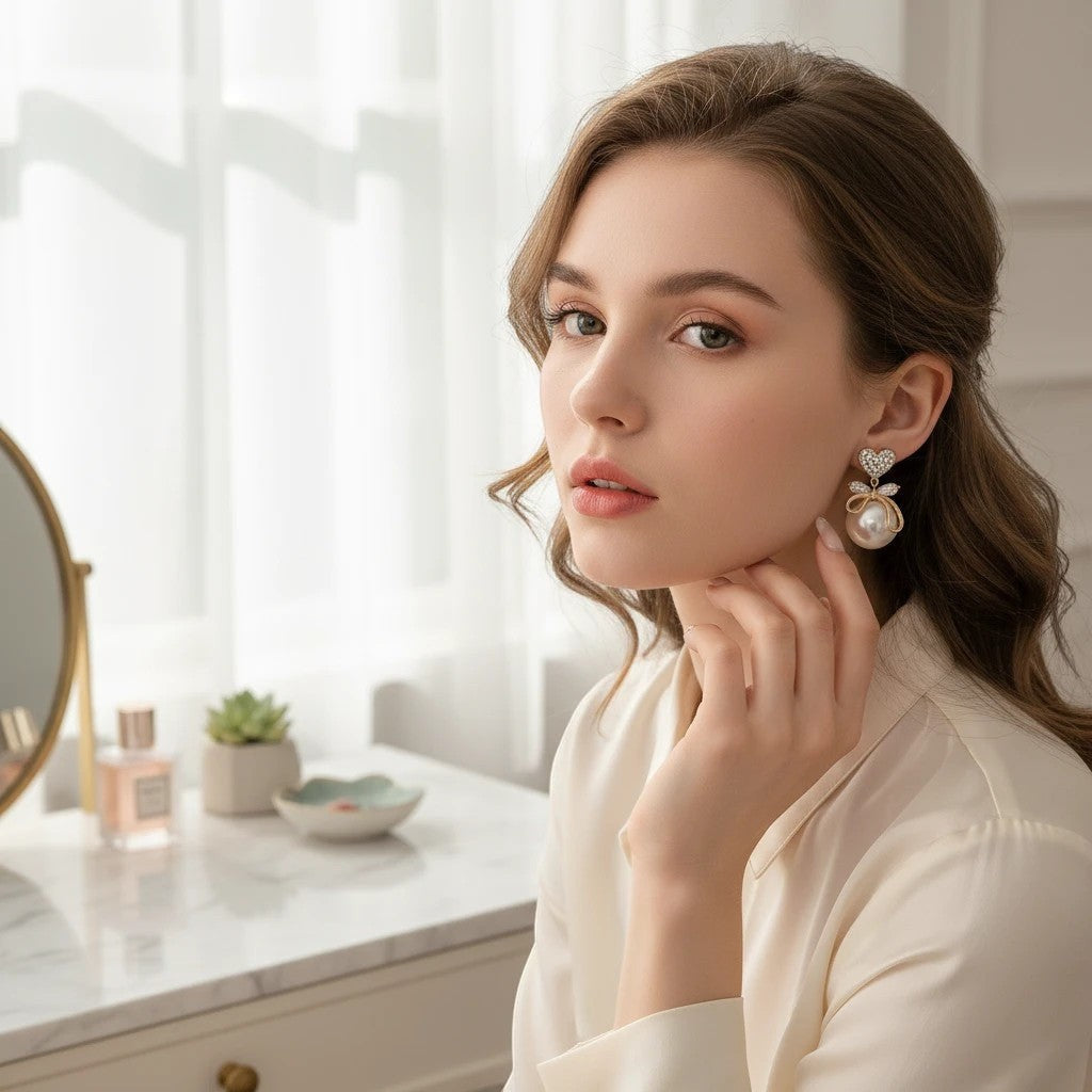 A woman wearing dazzle21 gold heart crystal and pearl bow drop earrings while sitting at a vanity table.